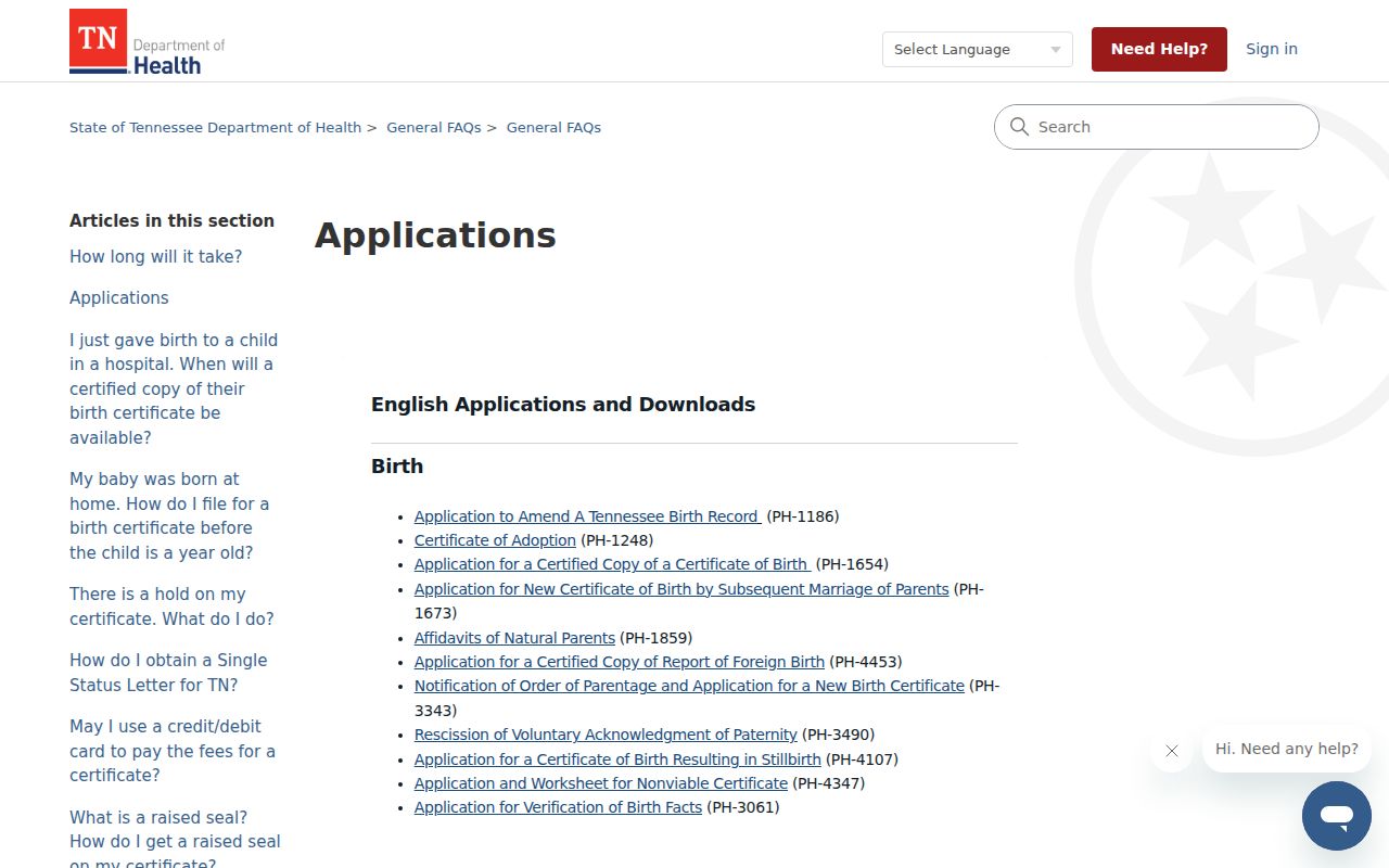 Cookeville resident lookup source showing Tennessee vital records application choices